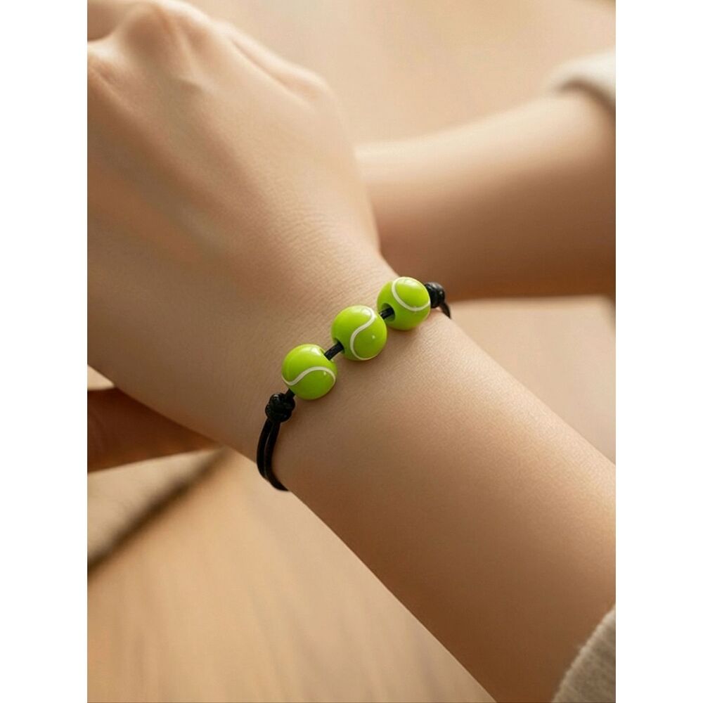 Tennis Ball Bracelet Black Cord Adjustable Sport String Beaded Player Mom Gift